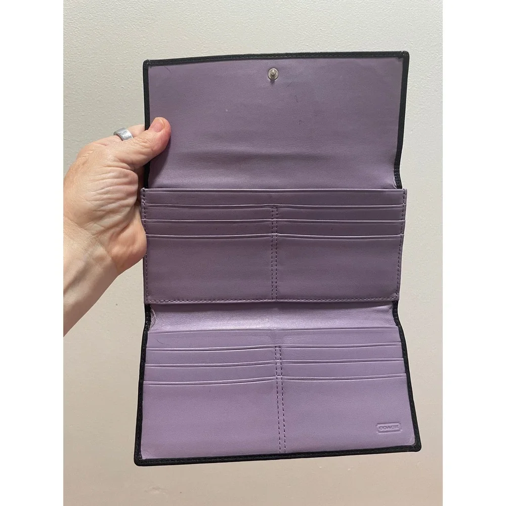 Coach Black Leather Wallet Slim Envelope Lavender Interior Contrast Stitch